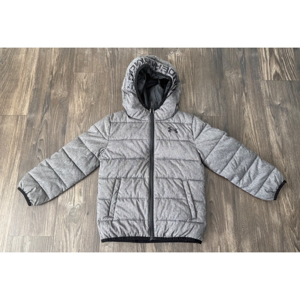Under Armour Boys Grey Heather Puffer Jacket Hooded Full Zip Insulated Size 5